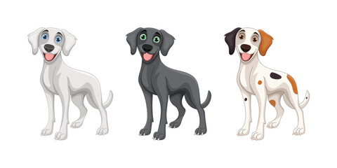 Three cartoon dogs in different colors standing on a white background.