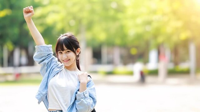手を上に上げて決意表明し、笑顔の女性