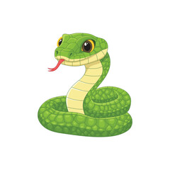 Cartoon Green Snake with Yellow Eyes and Red Tongue Isolated on White