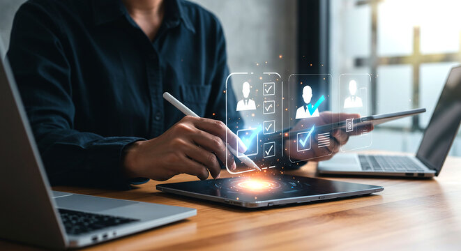 Person using digital tablet with stylus to select candidates from virtual interface screen