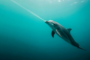A dolphin releases a jet of air in the water. Space for text.