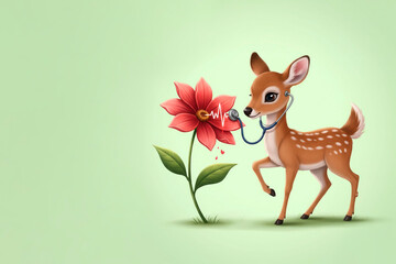 Obraz premium A deer listens to the heart of a flower with a stethoscope. Space for text.