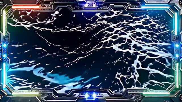 Engage with an innovative Futuristic tech Border Frame with circuit like edges, enveloped by a vivid array of glistening lights that cascade and ebb like waves, all juxtaposed against a