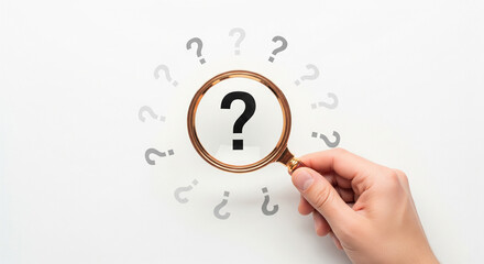 Hand Holding Magnifying Glass Over a Question Mark, Symbolizing Problem Solving, Searching for Answers, and Inquiries on a White Background.