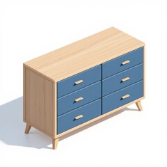 Stylish six-drawer dresser in light wood with blue drawers stands on a pristine white surface in a bright, airy room