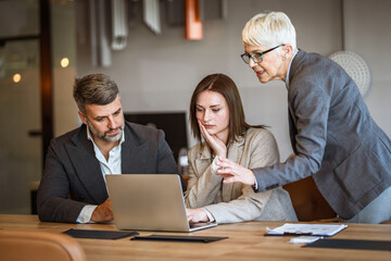Helpful female boss explain new project to man and woman employers