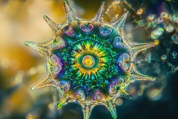 Microscopic diatom with intricate, vibrant, star-like structure showcasing iridescent colors.