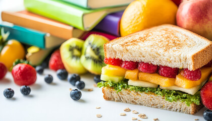 Healthy School Lunch Fruits and Books – Flat Lay