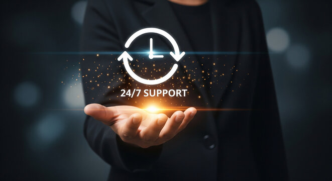Woman Offering 24/7 Digital Support and Customer Service, Symbolizing Continuous Assistance, Global Availability, and Reliable Business Solutions.