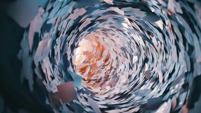 Experience a captivating swirl of vibrant paper fragments forming a mesmerizing vortex. This dynamic motion offers a unique visual perspective, showcasing fluid movement and color interplay