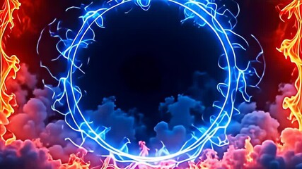 Immersed in a dark void, the fiery smoke Border Frame flickering in dark void reveals an enchanting interplay of light, enveloped by vibrant animated circles in shades of red and electric