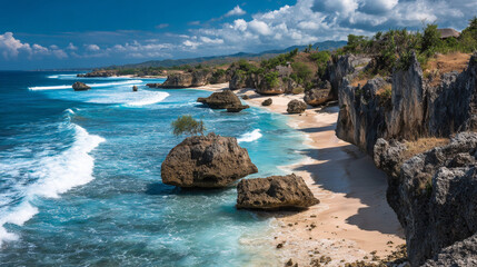 View of Sumbaâ€™s Lailiang Beach with crashing waves, karst cliffs, and soft white sands under a blue sky