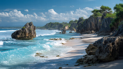 View of Sumbaâ€™s Lailiang Beach with crashing waves, karst cliffs, and soft white sands under a blue sky