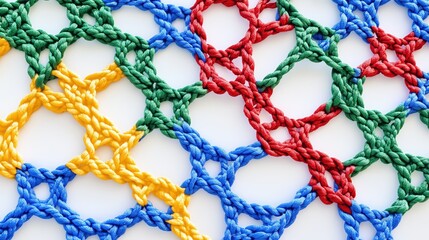 Colorful nylon rope net tightly stretched against a white background, creating a geometric grid pattern with vibrant threads for sport, safety, or visual texture design purposes.