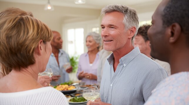 Man in a blue shirt is smiling at a group of people