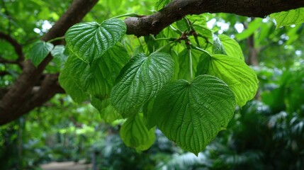Vibrant green leaves gracefully hang from a tree branch in a tropical garden. Sunlight filters through the foliage, creating a soothing atmosphere.