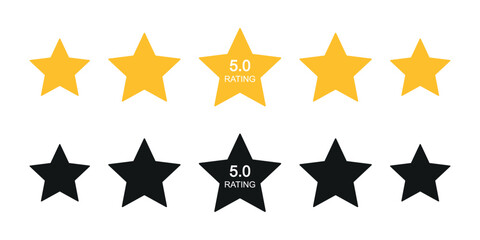 Vector illustration of 5-star rating designs with gold and black stars. Central star displays 5.0 rating text. Ideal for product reviews, user feedback, ranking systems, and UI/UX design elements.