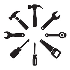 Black tools arranged in a circle hammer wrench
