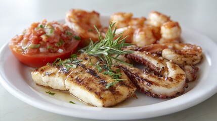 Plate of food with a grilled fish, shrimp, and octopus