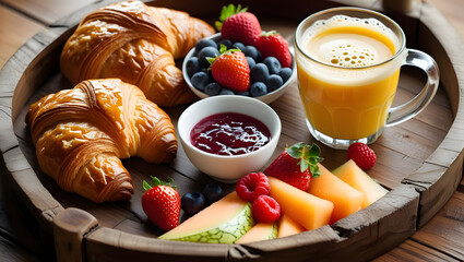 Breakfast with fresh croissants coffee and fruit on a table