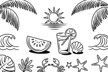 set of tropical beach icons, summer season vector illustration, Summer beach doodles, Hand drawn illustration of palm trees, sun, boat and seashells. Graphic background elements.