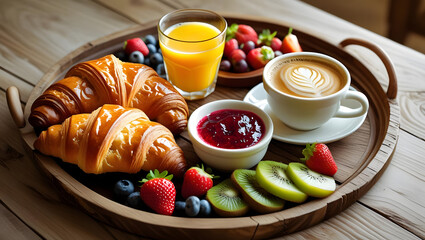 Breakfast with fresh croissants coffee and fruit on a table