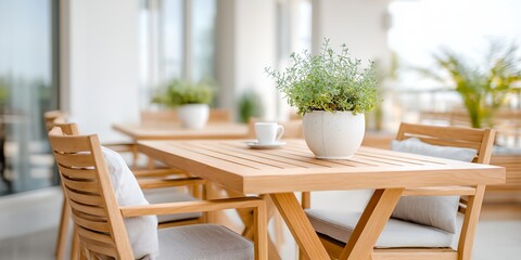 Wooden table with a white vase of flowers on it