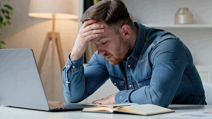 stressed male freelancer at table with laptop at home problems with project, - Powered by Adobe