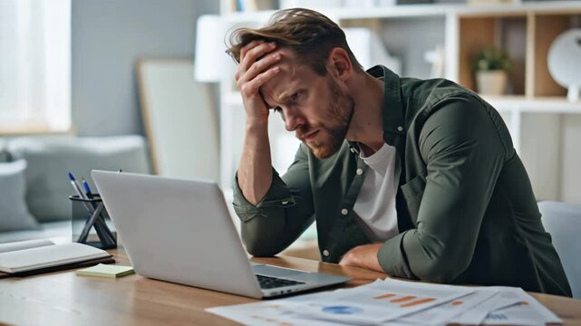 stressed male freelancer at table with laptop at home problems with project,