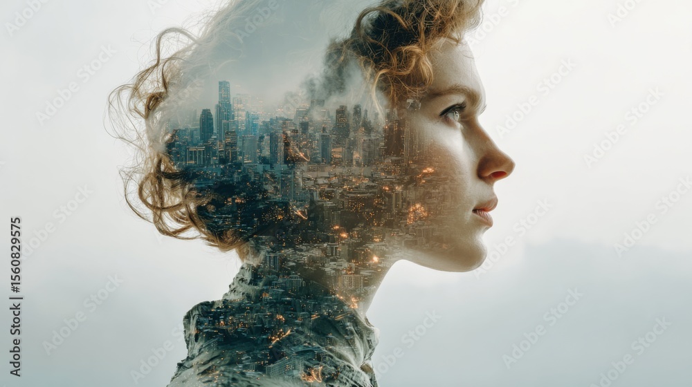 Fototapete a woman with curly hair features a profile silhouette filled with a bustling urban skyline. the imag