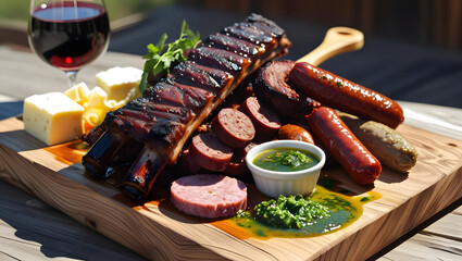 Grilled meat and vegetables on a plate with barbecue sauce