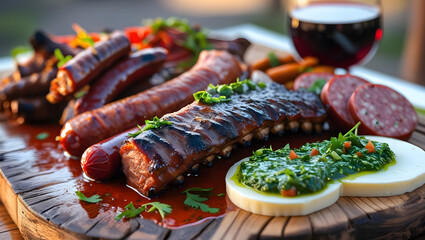 Grilled meat and vegetables on a plate with barbecue sauce