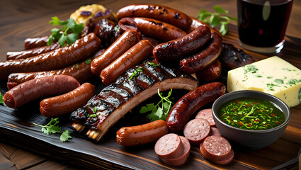 Grilled meat and vegetables on a plate with barbecue sauce
