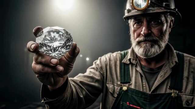Miner man showing large cut diamond, mining and digging for precious stone in a dark cave environment footage.