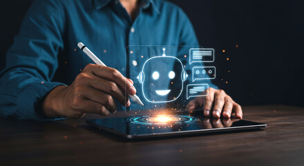 Person using stylus on tablet with glowing chatbot interface displayed above the device screen surface