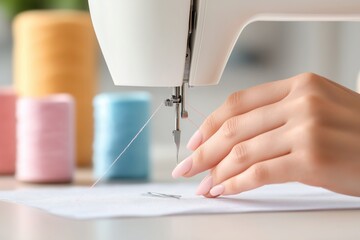 Close-up of a hand guiding fabric under a sewing machine needle, with colorful spools of thread in the background, showcasing the art of sewing and creativity in textile crafts