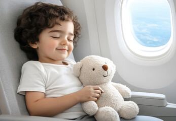 Young child with curly hair, peacefully sleeping in an airplane seat, holding a soft teddy bear, with a bright window view showcasing clouds and blue sky outside