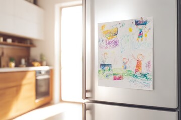 Colorful child’s drawing on white fridge door in bright modern kitchen with soft natural light and warm cozy family atmosphere Generative AI
