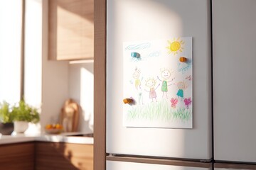 Colorful child&rsquo;s drawing on white fridge door in bright modern kitchen with soft natural light and warm cozy family atmosphere Generative AI