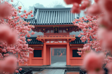 Pink flowers in front of a red gate.