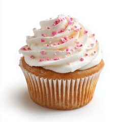 Vanilla cupcake with white frosting and pink sprinkles