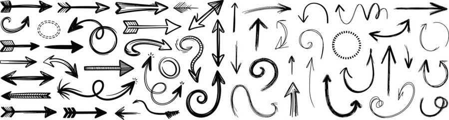 Collection of hand drawn sketchy black arrows and circular elements in various styles and directions isolated on transparent background