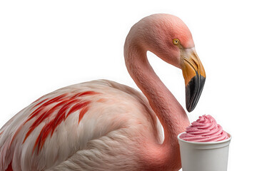 Fototapeta premium A pink flamingo bird with red wing feathers beside a cup of pink soft serve ice cream isolated on transparent background