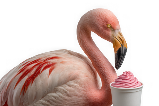 A pink flamingo bird with red wing feathers beside a cup of pink soft serve ice cream isolated on transparent background
