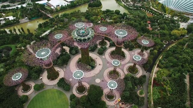 Aerial view of Supertree Grove at Gardens by the Bay, showcasing tree like structures, lush gardens, water features, and Marina Bay Sands in the background.