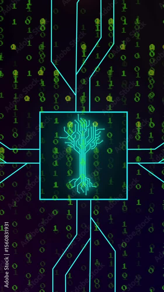 Poster animation of integrated circuit over binary code on digital screen
