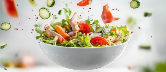 Fresh, vibrant salad in a bowl with ingredients in motion