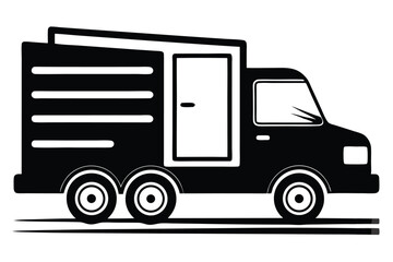 Black Delivery Truck Silhouette with Rear Door, Three Side Stripes and Dual Wheels