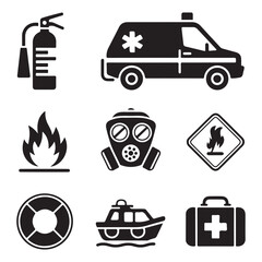 Emergency and safety icons fire extinguisher ambulance