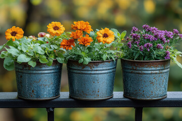Obraz premium colorful flower pots in a row.